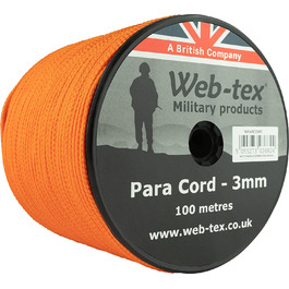 Рулон парашутного шнура Web-tex - товщина 3 мм - Довжина 100 м (неоново-Помаранчевий)