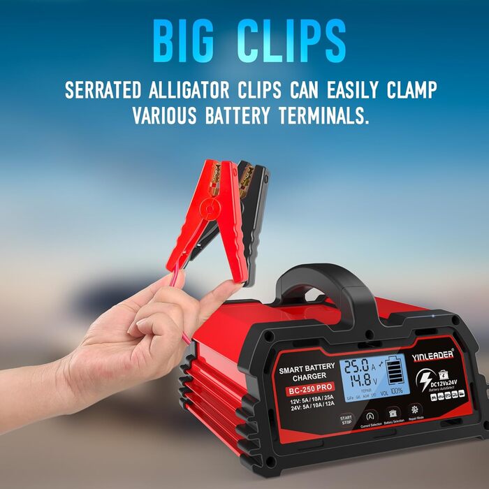 Зарядний пристрій для акумулятора 25A 12V/24V - Автоматичний зарядний пристрій для акумулятора з LCD-дисплеєм, підходить для LiFePO4 акумуляторів