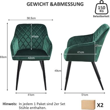 Крісла для їдальні CLIPOP, комплект 4 шт., обтягнуті оксамитом, з металевими ніжками, для вітальні, кухні, їдальні (4 шт., оксамит, зелений)