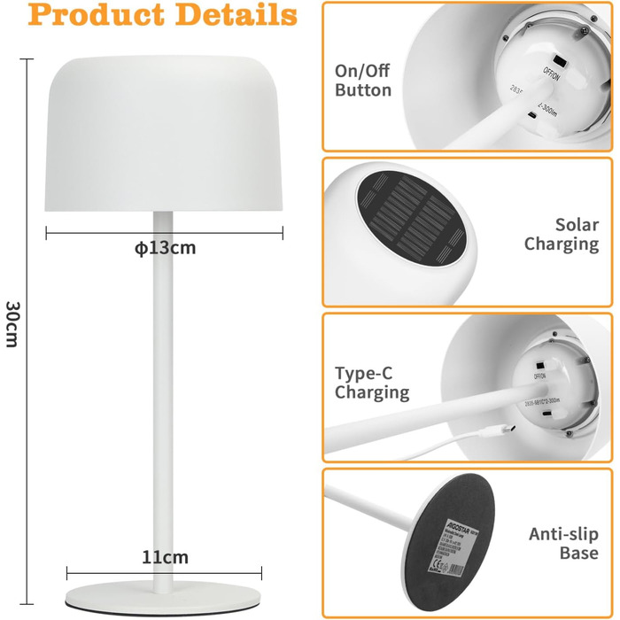 LED настільна лампа Aigostar акумуляторна, торшер бездротовий, сенсорне керування, 3 режими кольору, IP54 вологостійка, для дому та саду