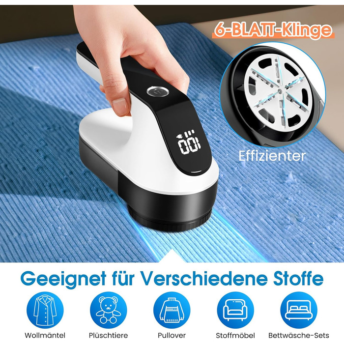 Електричний видалення ворсу NIWOHOM для одягу - 3 швидкості, 6-клинковий ніж, LED-дисплей, для всіх тканин
