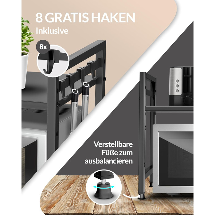 Підставка для мікрохвильової печі та кухонна полиця, сталева, 2-ярусна | Підставка для мікрохвильовки, шафка для мікрохвильовки, полиця для зберігання, полиця пекаря | Регульована висота та довжина, інструкція у відеоформаті, гачки - Чорний колір, 2 яруси