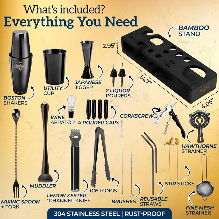 Набір бармена Elite Mixology: Шейкер Boston 20 предметів з підставкою, рецепти. Нержавіюча сталь