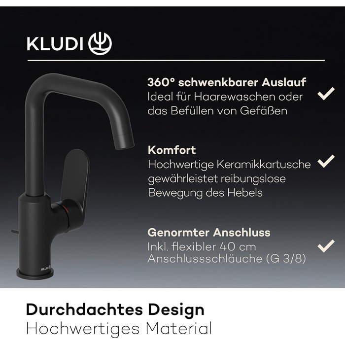 Змішувач для ванної кімнати KLUDI-X1 з висувним зливом, поворотний 360°, висота виливу 205 мм, водозберігаючий, розмір L, з підключенням, чорний матовий