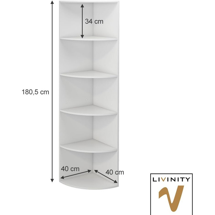 Кутова полиця Fabienne, біла, книжкова шафа, кухонна полиця, сучасна (180 х 40 см стояча з 5 відділеннями)