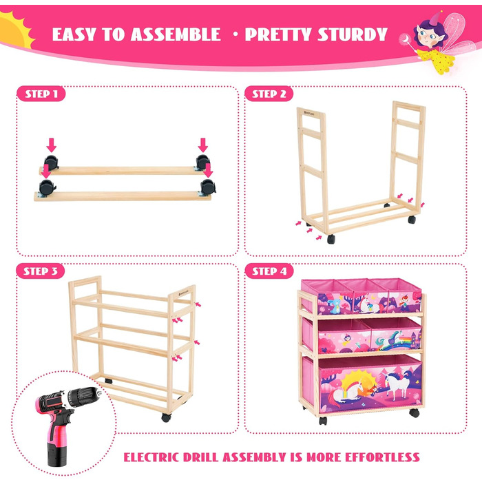 Органайзер для іграшок HOMCENT з колесами та 6 контейнерами великої місткості для дитячої кімнати, дівчачої кімнати