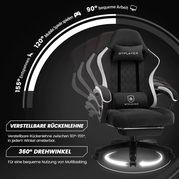 Ігровий крісло LUCKRACER з тканини, комп'ютерне офісне крісло з підніжкою, рейсингове крісло геймера, 150 кг, регулювання спинки 90-135°, ергономічне, 360° обертання, чорний