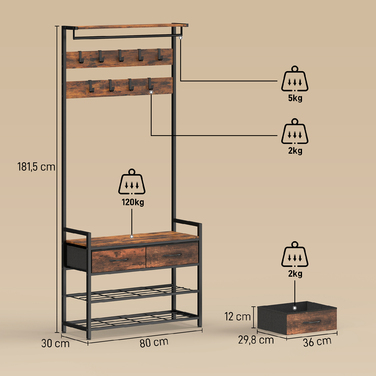 Вішалка для одягу з гачками, лавка для взуття, індустріальний органайзер для передпокою, сталевий каркас, рустикально-коричневий