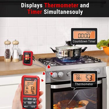 ThermoPro TP20 Цифровий термометр для м'яса з радіусом дії 150м. Підходить для гриля, духовки та барбекю. Бездротовий термометр з 2 датчиками температури