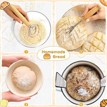 Набір для приготування закваски: кошик для бродіння (Banneton), скляна тара, ніж для хліба (Bread Lame), скребок для тіста, скребок-лопатка та силіконовий хлібний гребінець