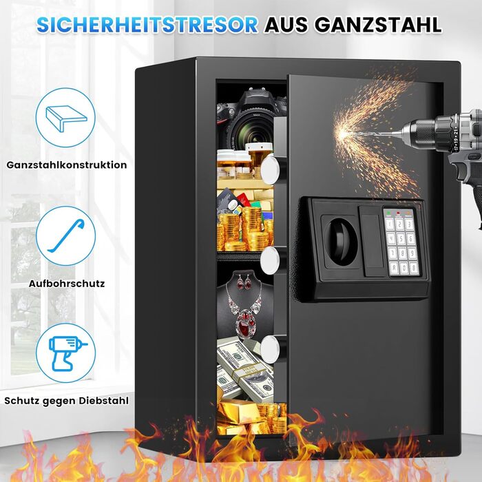 Великий сейф 50л для дому: вогнестійкий, водонепроникний, з ключем та кодовою панеллю. Сейф для зберігання золота, прикрас, документів. Сейф для меблів з інтелектуальною системою сигналізації, настінний сейф.