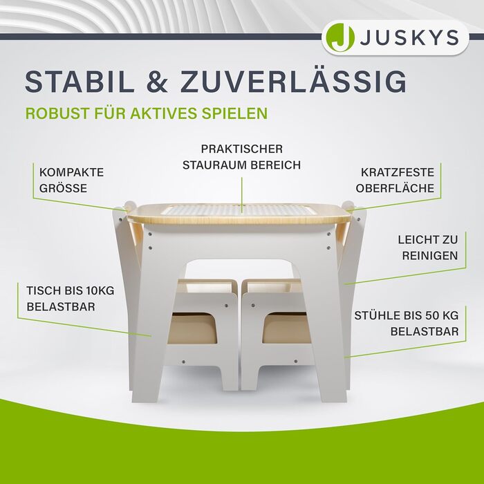 Дитячий стіл та комплект з 2 стільців Juskys Milou - дерев'яний ігровий стіл з місцем для зберігання, дитяча меблі для малювання та ігор (натуральне дерево)