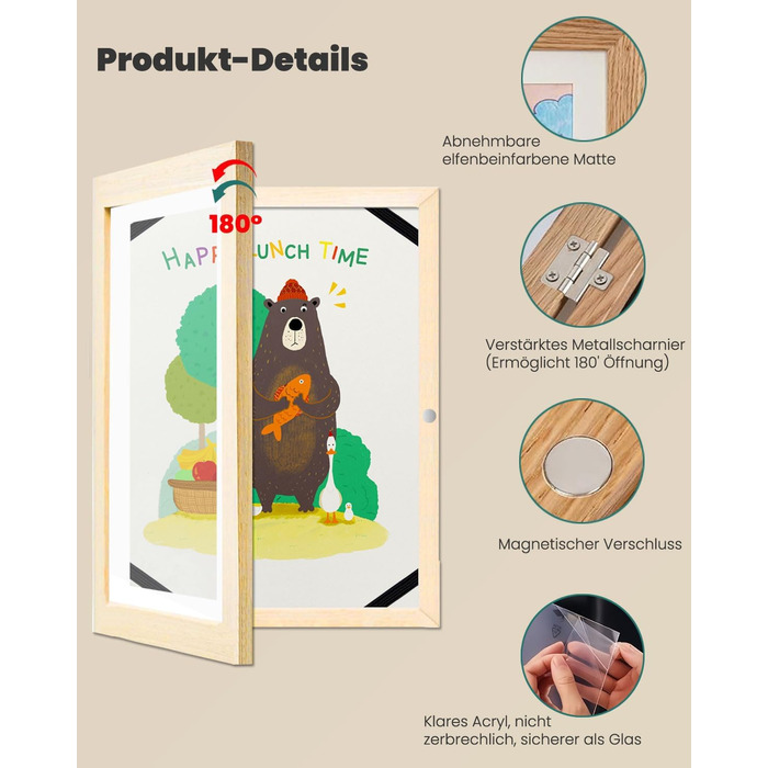 Дерев'яні рамки для дитячих малюнків, A4, 2 шт. - для школи, дому, офісу