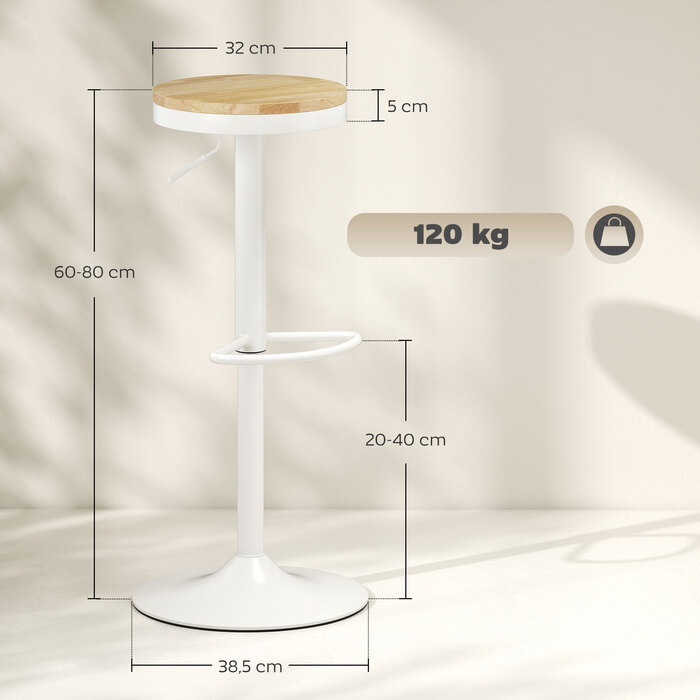 Набір з двох барних стільців, регульована висота, поворот на 360°, стільці з металевим каркасом та підставкою для ніг, розмір 38,5x38,5x60-80 см, натуральне дерево + білий