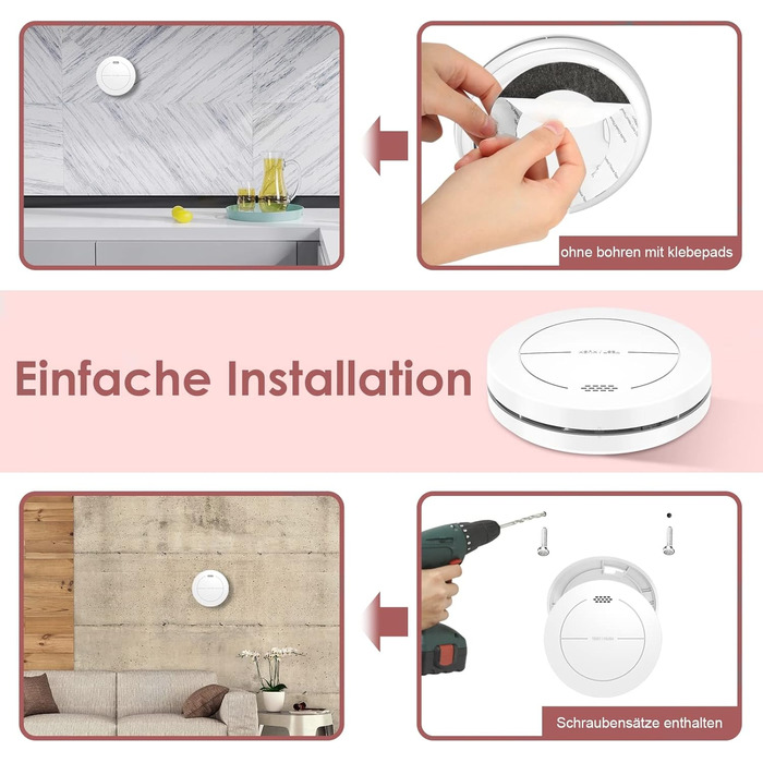 Набір датчиків диму Rauchmelder 6 шт. без світлодіодів, з батареєю на 10 років, клейкими панелями, функцією відключення звуку, 85 дБ, автономні плоскі датчики диму для пожежної безпеки вдома.