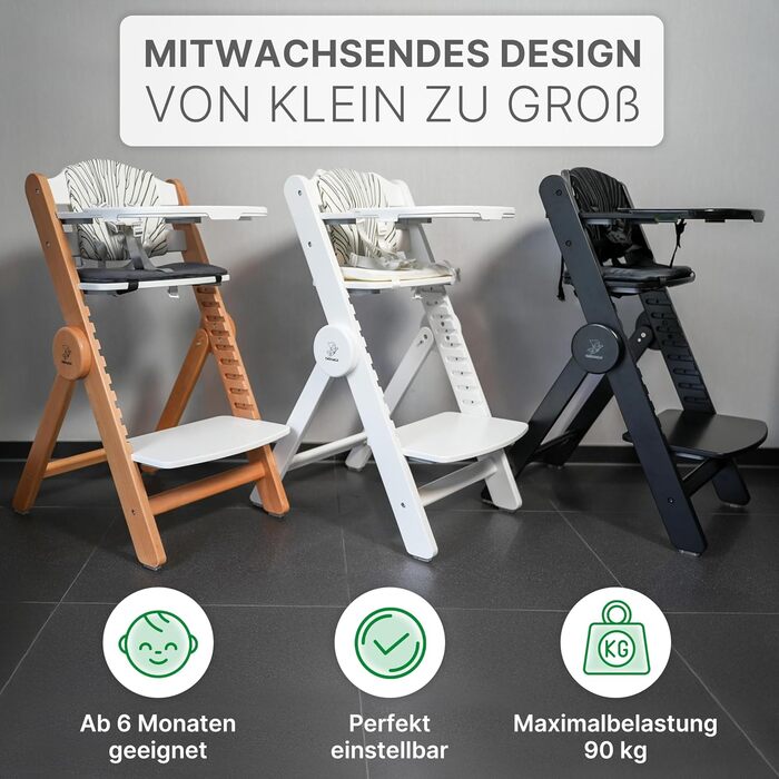 Дитячий стільчик ZWERGHELD® ZS3 Premium - з регулюванням, складний, росте разом з дитиною. Підходить для дітей від 6 місяців до 90 кг, з підносом. Дерев'яний дитячий стільчик (натуральний колір) білий-натуральний (pearl-black)