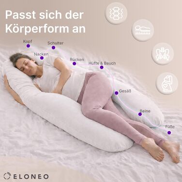 Подушка для вагітних ELONEO NEU для сну на боці, подушка для годування, XXL розмір, біла, знімний чохол, подушка для читання, пральна