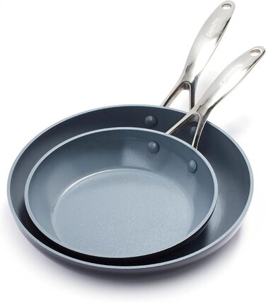 Набір сковорідок GreenPan Valencia Pro з антипригарним покриттям Hartelox, 20 см та 26 см, не містить PFAS, з нержавіючою ручкою, для індукційних плит, можна мити в посудомийній машині та використовувати в духовці, сірий колір