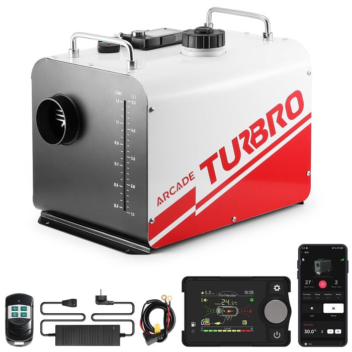 Дизевий опалювач TURBRO 8kW з баком 5L, 12V/24V, LCD-дисплеєм, пультом ДУ та Bluetooth, таймер, для автодому, вантажівки, човна, намету