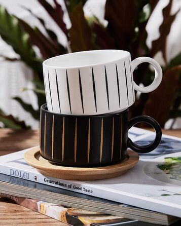 Набір кавових чашок Cappuccino HOME DECOR (4 шт, 160 мл) з підставками та стійкою - 160 мл, Stripe, кераміка