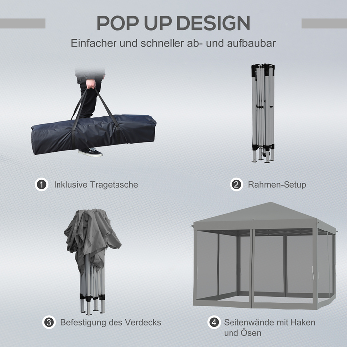 Відокремлена альтанка Альтанка Pop-up Альтанка 3х3м з бічними стінками, в т.ч. сумка для перенесення, металева та Оксфорд, світло-сірий та чорний для саду та заходів