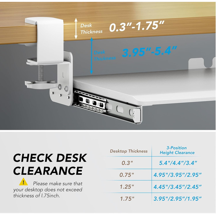 Висувна підставка для клавіатури під стіл з К-подібною фіксацією, великого формату, стійка, висувна платформа 838 мм x 280 мм, білий колір