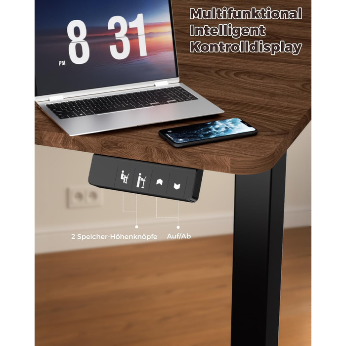 Регульований по висоті письмовий стіл 120x60 см з пам'яттю на 2 режими, стіл для домашнього офісу та геймінгу, колір вінтажний коричневий