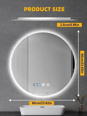 Дзеркало для ванної кімнати Bellanny LED з підсвічуванням 60 см | Настінне дзеркало для макіяжу, косметичне дзеркало | Дзеркало для макіяжу з сенсорним вимикачем, 3 кольори світла, регулювання яскравості, проти запотівання, IP44, кругле, горизонтальне/вер