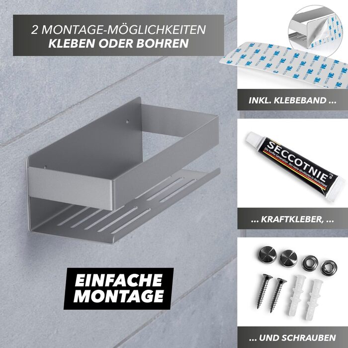 Набір душових полиць BENKSTEIN (2 шт.) | Полиці для душу з кріпленням на клей або свердління | Корзинка для душу без свердління | Тримач для гелю для душу та шампуню | Організатор для ванної кімнати, полиця для душу, срібна, 2 шт.