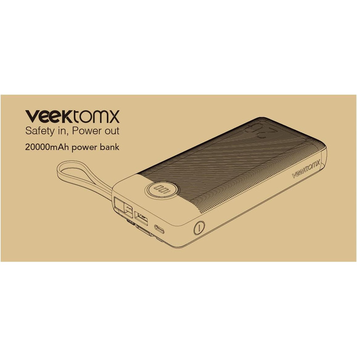 Повербанк VEEKTOMX 20000mAh з кабелем, 5 виходів, LED-дисплей, USB C, сумісний з iPhone та іншими пристроями