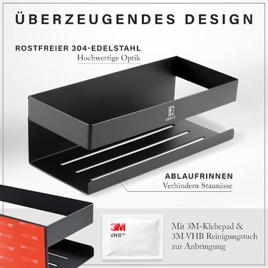 Поличка для душу Bad Duschablage без свердління - тримач для шампуню з нержавіючої сталі з оригінальними клейкими панелями 3M, 2 рухомі гачки, додатковий тримач для бритви (Чорний нержавіюча сталь)