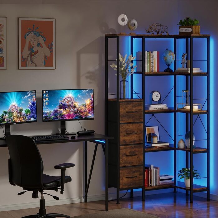 Кутовий стелаж OYRREU з 5 ярусами, LED-підсвічуванням та 4 висувними ящиками. Підходить для вітальні, спальні, офісу, кухні. Вінтажний коричневий колір.