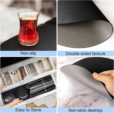 Набір з 6 серветок на стіл, миючі, з підставками, двосторонні, з імітацією шкіри, водонепроникні для обіднього столу, кухні, ресторану та дому (6 шт., чорний)