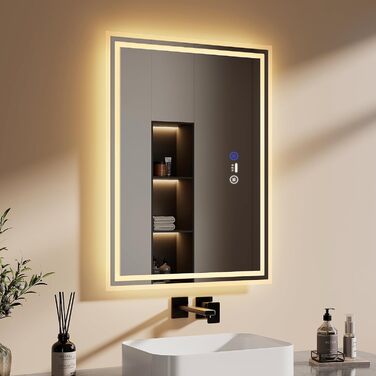 Дзеркало для ванної кімнати EMKE з підсвічуванням 80x60 см, LED, з датчиком руху, сенсорне, проти запотівання, 3 кольори світла, регулювання яскравості, таймер 1 год, IP44, енергозберігаюче