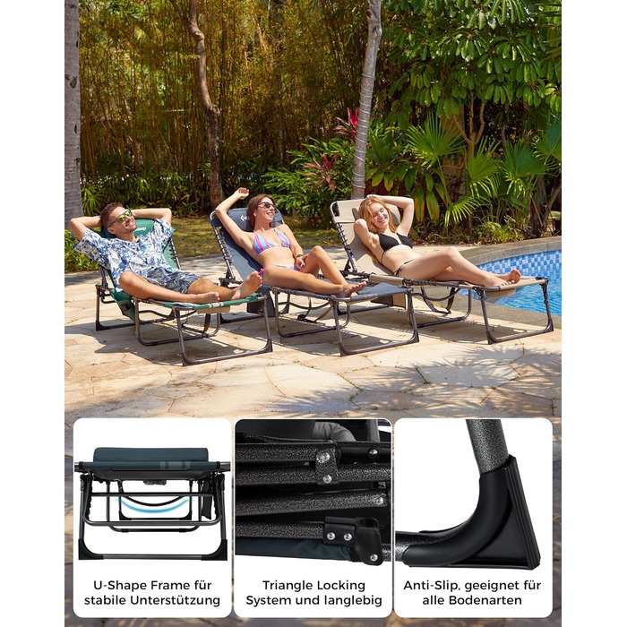 Лежак для відпочинку KingCamp великого розміру, складаний, 5 положень, для саду, кемпінгу, пляжу, 200 x 68 см, сірий, з подушкою та кишенею, до 200 кг