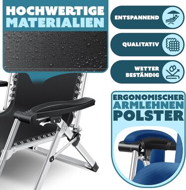 Шезлонг KESSER® для саду, широка та стійка до погодних умов, витримує до 200 кг, ергономічна спинка, регульована, з подушкою, підголівником, тримачем для напоїв, підлокітниками та бічною кишенею, блакитний