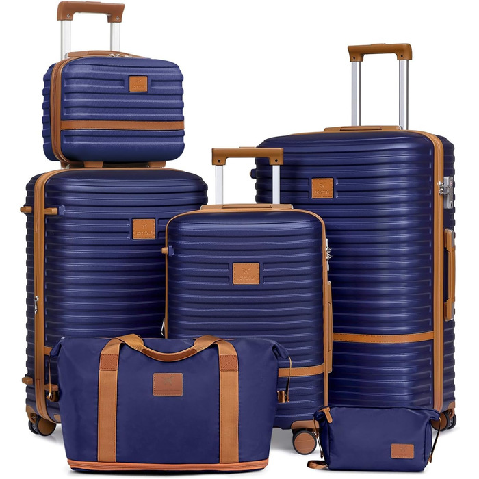 Набір валіз Joyway 6 шт. з твердим корпусом, beauty case, косметичка, 4 колеса, TSA-замок. Колір: темно-синій/коричневий