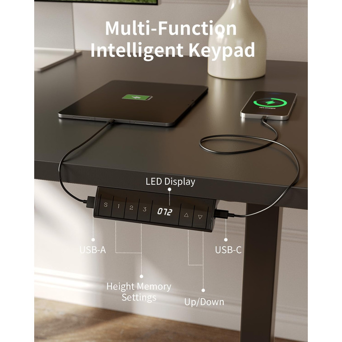 FEZIBO Стол для роботи з регулюванням висоти, 100x60 см, чорний, з USB-портами, для дому та офісу