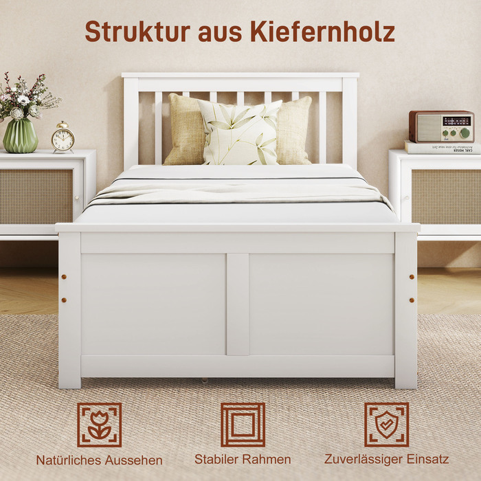 Ліжко одинарне, дерев'яний каркас, ящики на колесах, не потребує ламелей, 90 x 200 см, білий