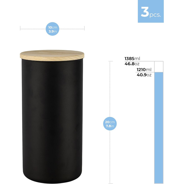Чорні банки для зберігання з дерев'яною кришкою, 1385 мл, герметичні, матові чорні, 3