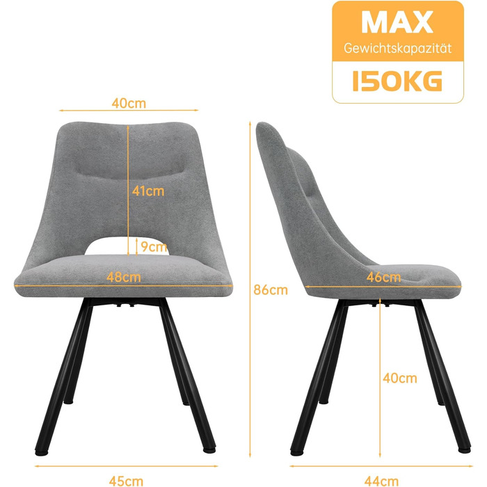 LEWE Комплект з 6 обертових стільців для їдальні, кухонних, вітальні та спальні, ергономічні, без підлокітників, з тканини кашемір (сірий)