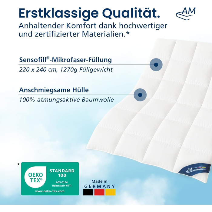 DormiGood Преміум ковдра з мікрофібри на весь рік 135x200 - Зроблено в Німеччині - Ковдра для алергіків 135x200 з наповнювачем Sensofill - Ковдра 135x200 см з сертифікацією Oeko TEX та бавовняним покриттям (1 комплект, 220x240 см)