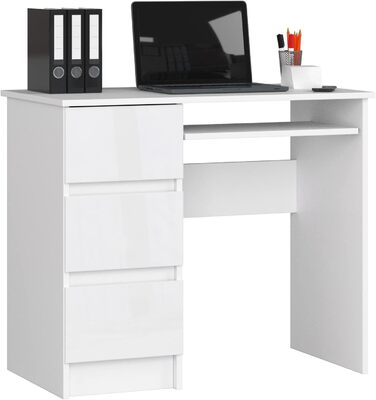 Письмовий стіл A-6 з лотком для клавіатури та 3 шухлядами ліворуч або праворуч, W90 x H77 x D50 см, 30 кг Білий / Глянцевий білий