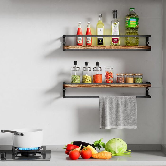 Полиця настінна дерев'яно-металева Wandregal 2 шт 42 см коричнево-чорна для ванної, спальні, вітальні, кухні, офісу