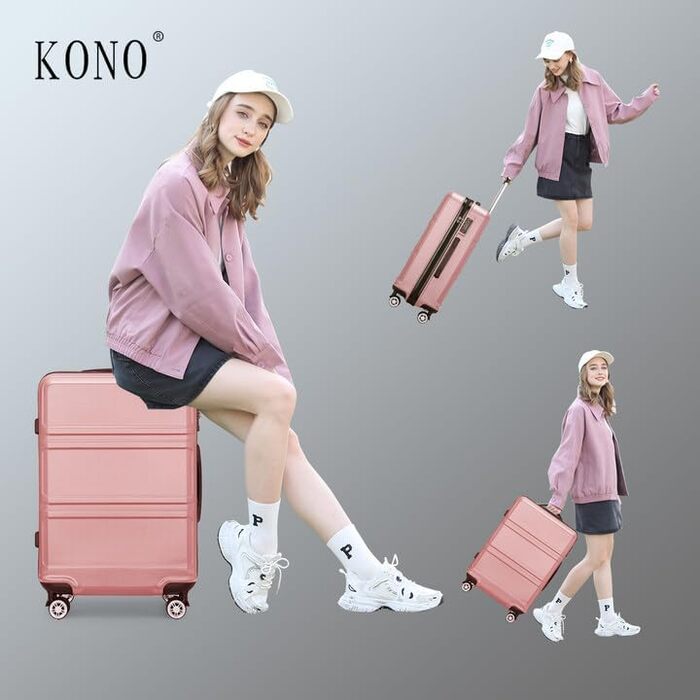 KONO Набір валіз 3 в 1 з ABS, рожевий колір, з TSA замком, M-L-XL, з роликами
