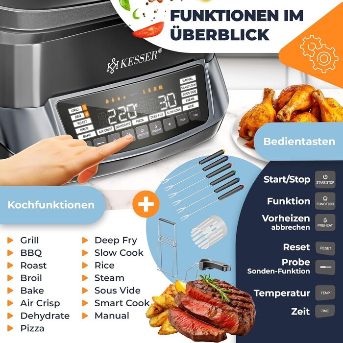 Мультиварка KESSER® 8л з фритюрницею та 16 програм. Гриль, випічка, тушкування, приготування на пару, рисоварка, йогуртниця, функція підігріву та повільного приготування. (Антрацит)