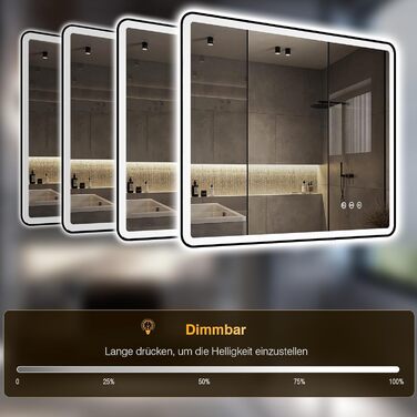LED дзеркало для ванної кімнати 80x60 см з підсвічуванням, диммер, протитуманне покриття, 3 кольори світла, IP44, функція пам'яті, горизонтальний/вертикальний монтаж