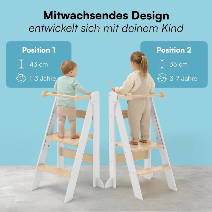 Лернтурм Bellabino Tay – навчальний столик для дітей від 1 року, регульована висота, білий, Монтессорі, з захистом від перекидання, з натурального дерева