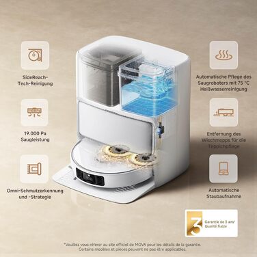 Робот-пилосос Mova P50 Pro Ultra з мокрою прибиранням, 19000 Па, самоочищення гарячою водою, бічні щітки, LDS-навігація, RGB AI, уникнення перешкод, автоматичне спорожнення/поповнення