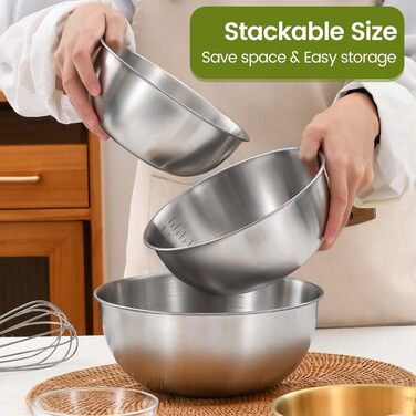 Набір місок для перемішування [5 шт] з нержавіючої сталі, 5 розмірів (0.7 л/ 1.2 л/ 1.8 л/ 2.5 л/ 3.5 л), придатні для миття в посудомийній машині. Салатниці, контейнери для перекусів та миски